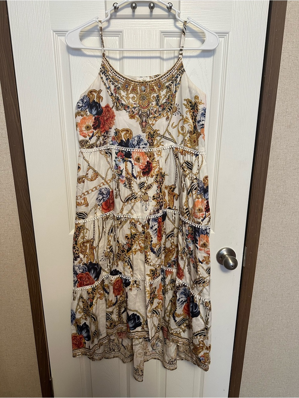 Camilla Cream Maxi Dress with Gold, Navy and Coral Floral Motifs